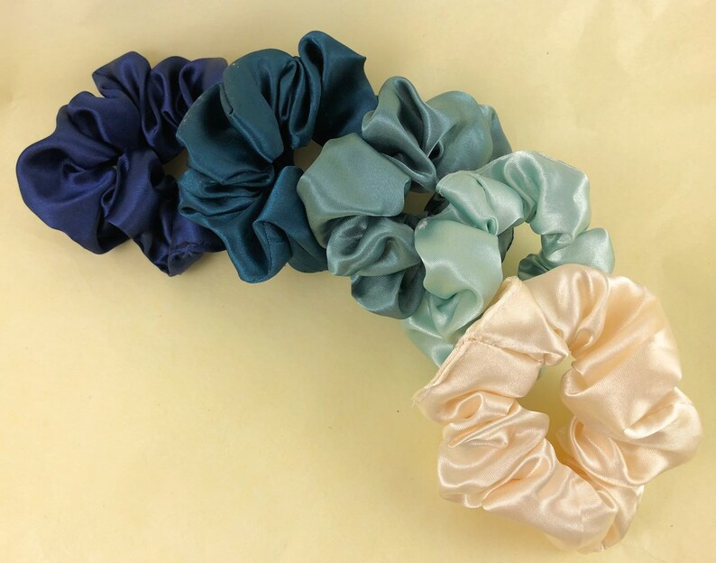 Ocean Blue Pack of 5 Satin Scrunchies GIFT SET made from surplus dead stock locally sourced in the UK