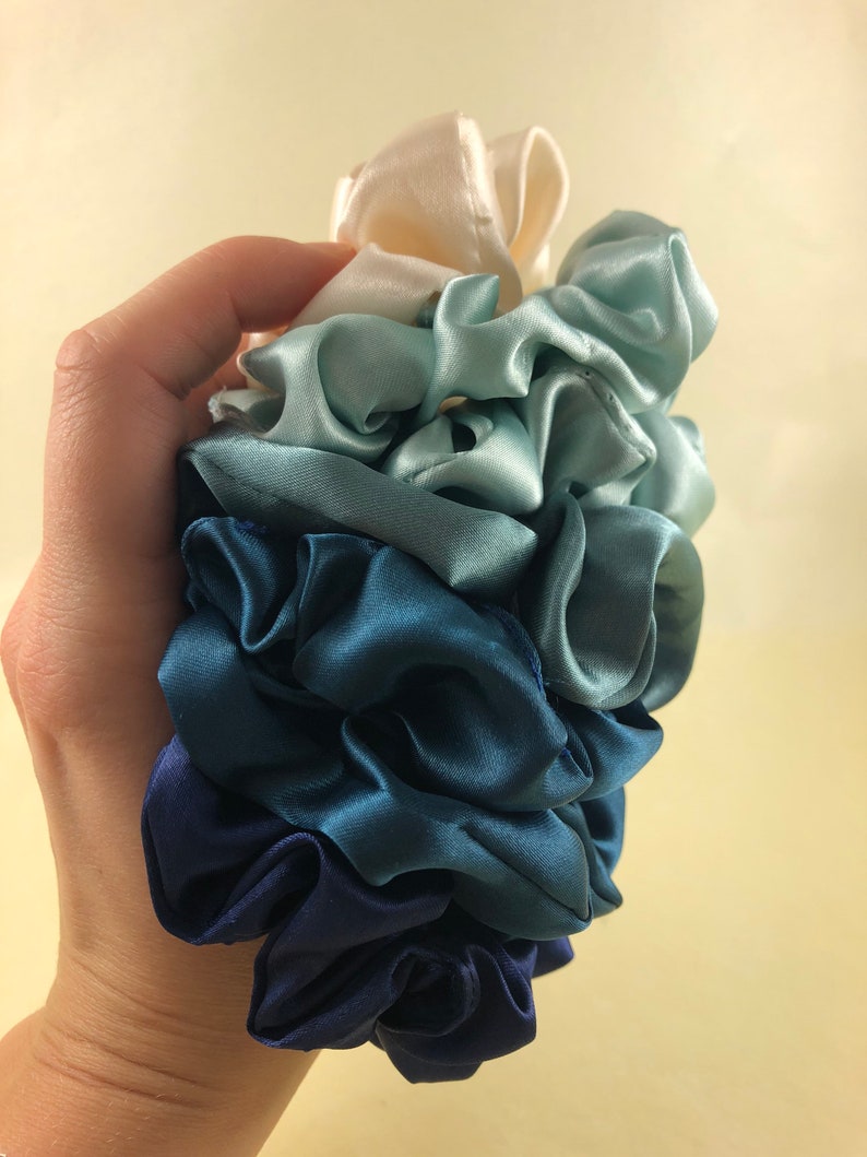 Ocean Blue Pack of 5 Satin Scrunchies GIFT SET made from surplus dead stock locally sourced in the UK
