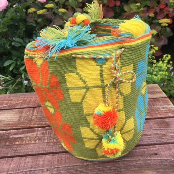 Wayuu Mochila Pom Pom Bag - Green/yellow/orange With Pom