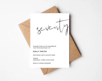 Minimalist 70th Birthday Invitation: Black and White Personalised Invite