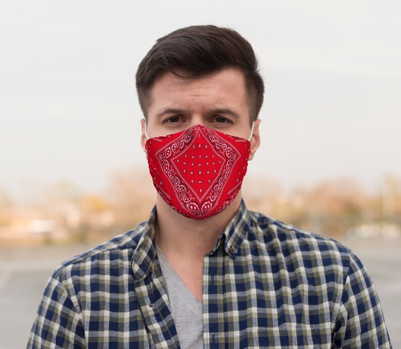Red bandana Designed Face Mask/ Daily Use/ With Filter Pocket/ Etsy