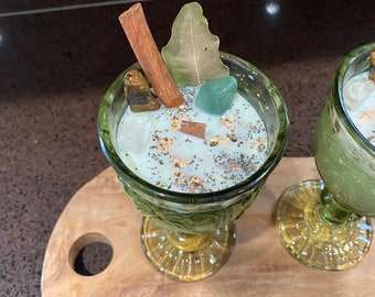 Intention Candle, Herb Candle, Crystal Candle, Tigers Eye, Aventurine, Quartz, Bay Leaf, Cinnamon, Gold, Prosperity, Luck, Money, Chalice