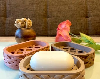 Soap dish in wicker basket look made of wood filament, soap holder with drain 3D printed in different colors, soap dishes, soap tray