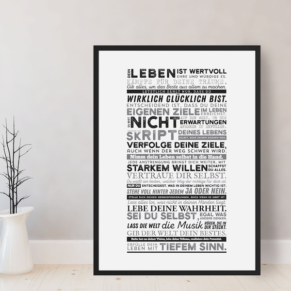 Typografie Bild mit Sprüchen als Deko für Schlafzimmer, Motivationsposter mit inspirierenden Sprüchen als Wandschmuck, Schwarz-Weiß Bilder