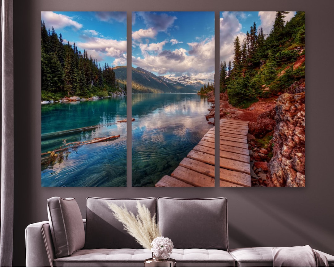 Mountain Lake Wall Art Landscape Canvas Print Nature Wooden Bridge Wall