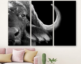 Canvas Print Buffalo Head Wall Art, Black And White Print, Animal Wall Decor, 3 and 5 panels, Framed art, ready to hang