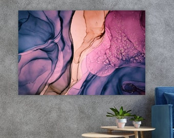 Purple Marble Fluid Wall Art, Watercolour Print Marble Wall Decor, Abstract Canvas Art, Purple Horizontal Wall Art