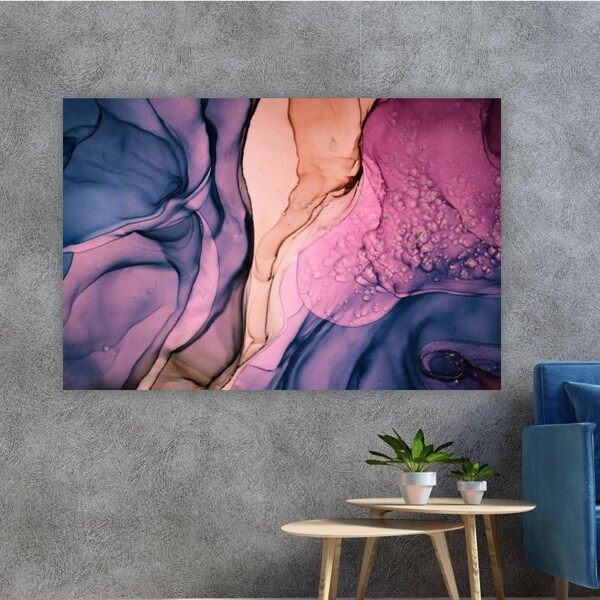 Art mural fluide en marbre violet, décoration murale en marbre imprimé aquarelle, art abstrait sur toile, art mural horizontal violet