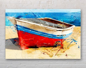 Red Boat Wall Art On The Beach Canvas Print, Reproduction Boat Painting Canvas Art, Fishing Wall Decor