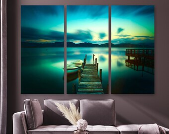 Wooden Pier in a Lake Canvas Print, Lake Wall Art Framed,  Boat Wall Decor, ready to hang Nature Landscape Print on Canvas