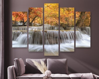 Rainforest Waterfall Wall Art Canvas, Autumn Landscape Canvas Print, Autumn in the Forest Wall Decor, Ready to hang