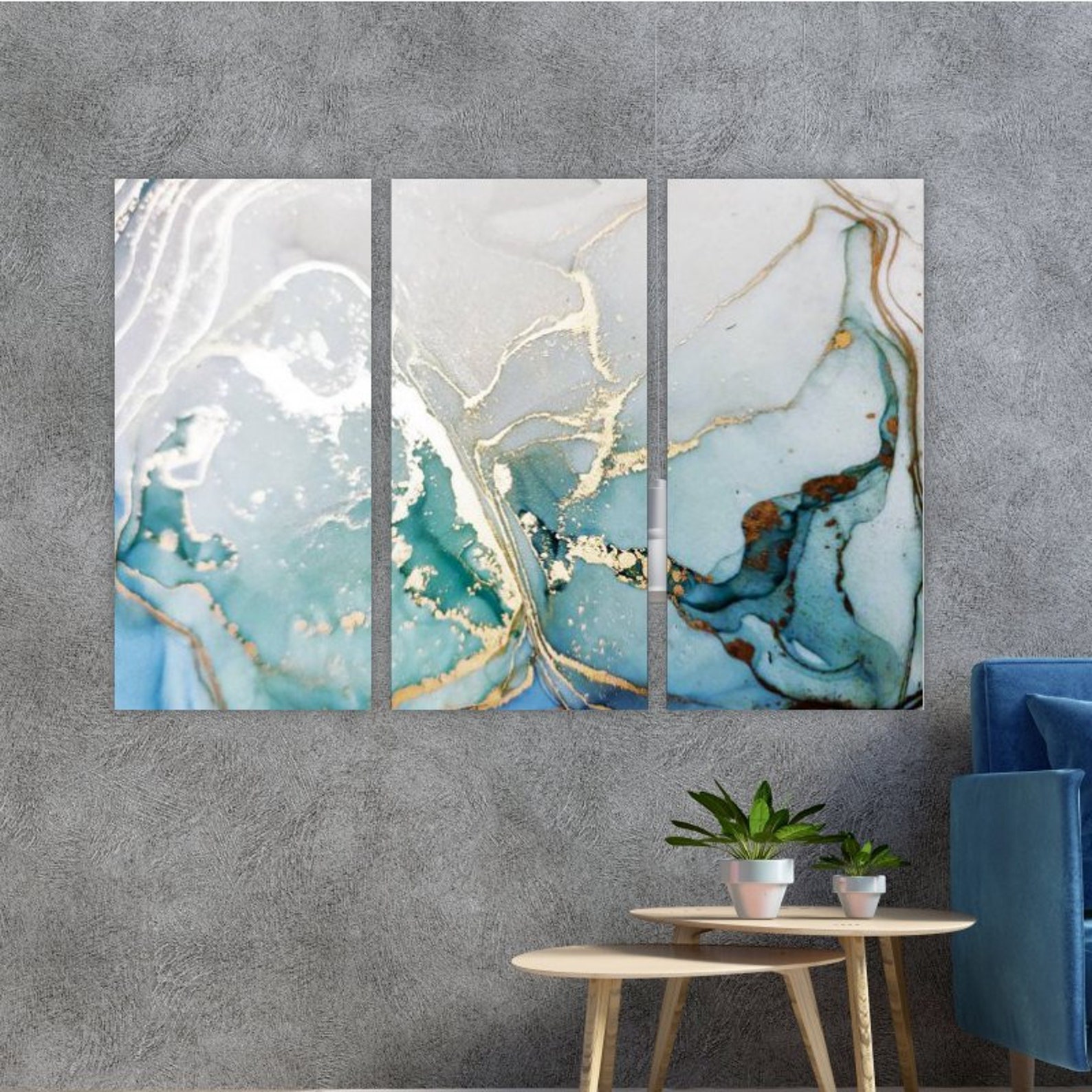 Silver Gold Blue Marble Wall Art Glitter Wall Art Abstract Etsy