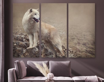 White Wolf Canvas Wall Art, Animal Fog Nature, Wolf Wall Décor, Framed and ready to hang