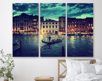 Canvas print Grand Canal in Venice Italy night view wall art print, Gondolas  ready to hang multi panel wall decor, sizes available