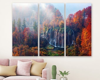 Waterfall Canvas Art: Plitvice Lakes in Croatia, Autumn Waterfalls Wall Décor - Landscape Canvas Print Framed and Ready to Hang