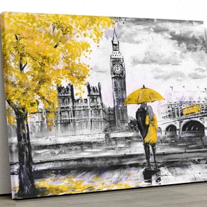Art mural Londres, toile d&#39;arbre aux parapluies jaunes, impression noir et blanc