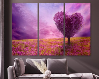 Purple Heart Tree Canvas Wall Art, Landscape One Tree Print on Canvas, Floral Field Purple Sky Wall Decor Framed