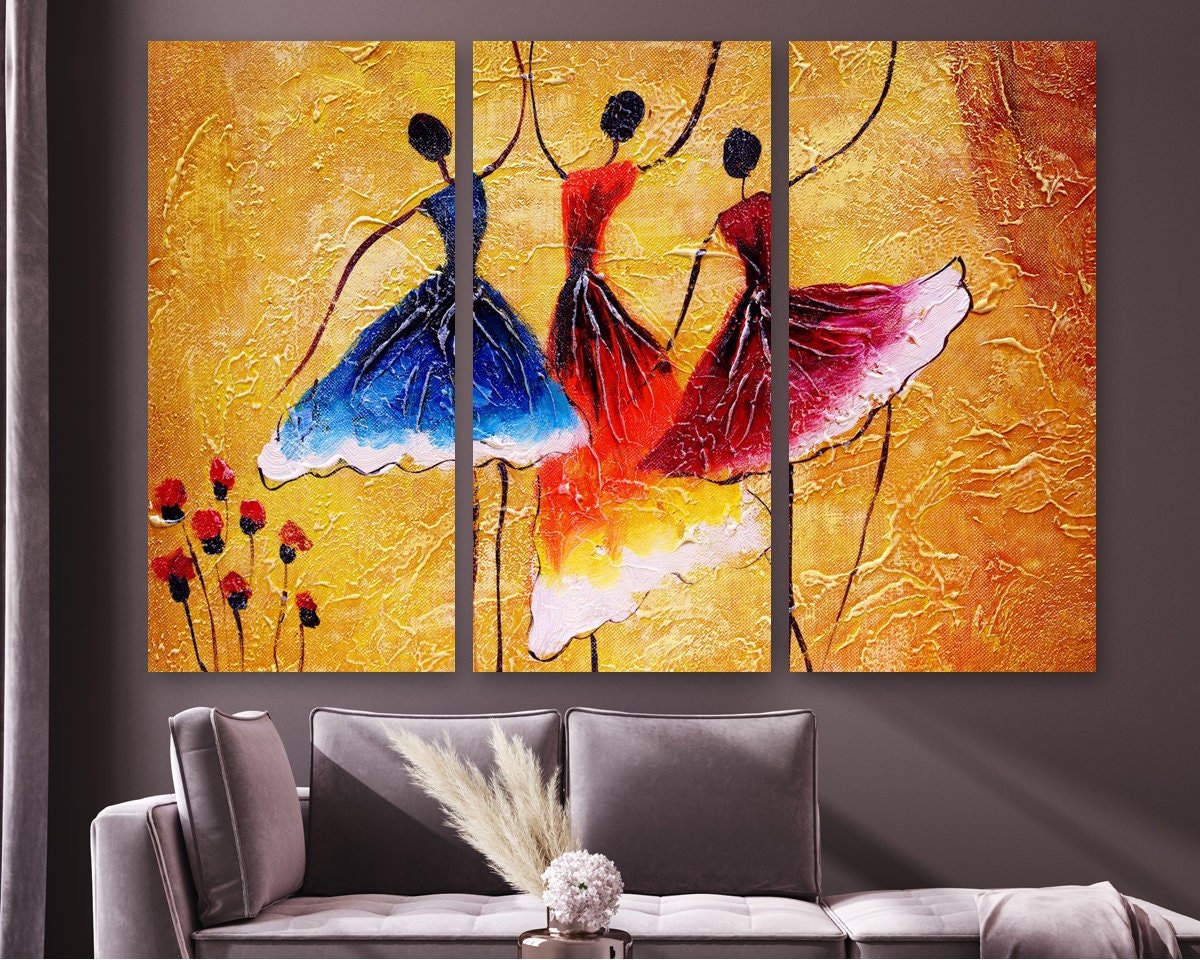 Three Piece Wall Art Abstract Women Paintings Original Art Work Musician Set  of 3 Above Couch Wall Art Abstract Girls Paintings Art Set 