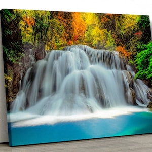 Forest Waterfall Canvas Wall Art, Stream Canvas Print, Rainforest Landscape Print, Fall Season Wall Decor, ready to hang