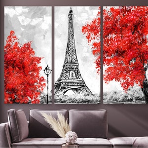 Abstract Red Tree Eiffel Tower Canvas Wall Art Print, Red Paris Wall Art, Eiffel Tower Wall Decor