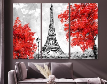 Abstract Red Tree Eiffel Tower Canvas Wall Art Print, Red Paris Wall Art, Eiffel Tower Wall Decor