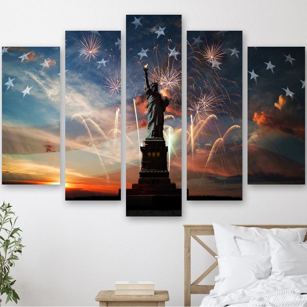 Impression sur toile 4 juillet Feux d’artifice de la Statue de la Liberté, New York Canvas Wall Art, Vue nocturne du décor mural de la Statue de la Liberté encadré