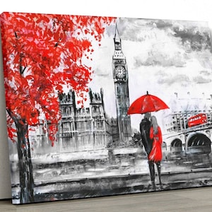 Impression sur toile Londres : arbre rouge, paysage urbain en noir et blanc