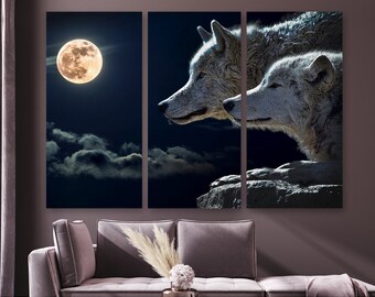 Wolf Wall Art Canvas Print, Two Wolfs at Moonlight Canvas Art, Wolfs Full Moon Wall Décor, Animal Canvas Wall Art