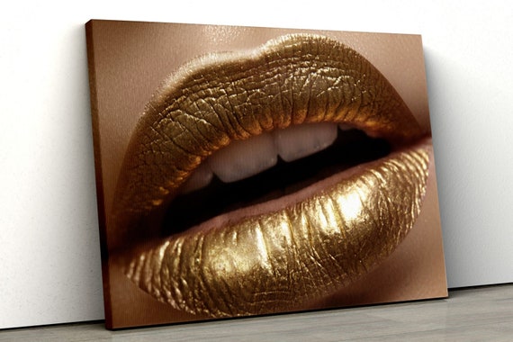 Golden Lips Wall Art Glitter Lips Canvas Print Golden Wall - Etsy