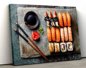 Sushi Wall Art, Japanese Food Wall Decor, Kitchen Canvas Art Framed, Salmon Suchi 5 panels wall art, 3 panels wall art ready to hang