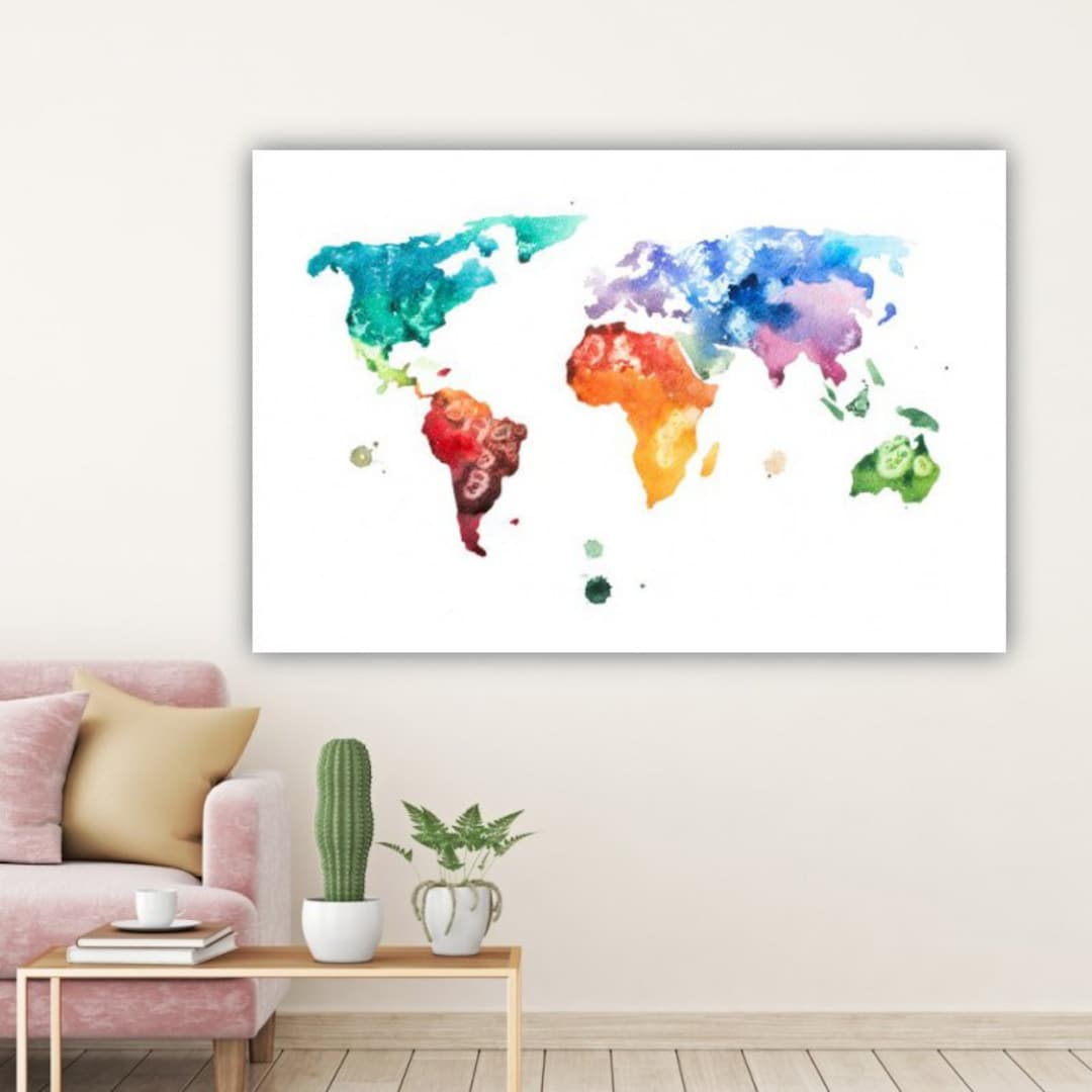 Canvas Print World Map White Color, Ready to Hang Canvas Wall Art Map