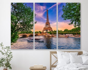 Eiffel Tower Canvas Art, Panoramic View Eiffel Tower Wall Art, Paris Canvas Print Green Trees and Blue Sky Wall Decor ready to hang