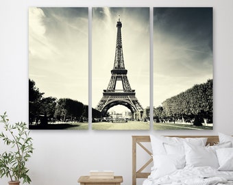 Eiffel Tower Wall Art, Paris Print in Black and White, Grey Eiffel Tower Canvas monochrome Skyline WALL DECOR