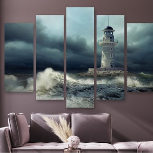 Lighthouse in a Storm Canvas Print Lighthouse Wall Art Stormy Sea Print
