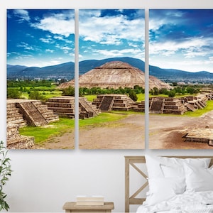 Pyramid of the Sun and Moon Decor – Teotihuacan Canvas Wall Art, Mexican Sun Moon Pyramid Print, Ancient Ruins Wall Decor ready to hang