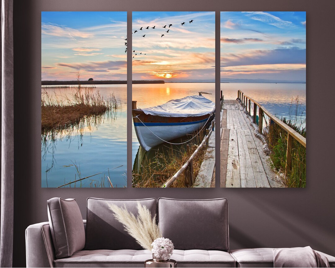 Boat and Wooden Dock Canvas Wall Art Sunrise Boat Painting Etsy