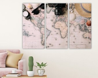 World Map Canvas Wall Art, Large Map Wall Decor Ready to hang 3 Panel Wall Art Map Of The World, 5 Panel wall art, ready to hang