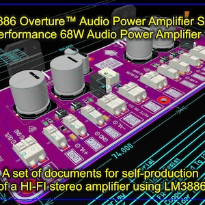 May include: A purple printed circuit board for an LM3886 Overture Audio Power Amplifier with white terminal blocks and silver capacitors. The board features technical text and labels, presented against a blue technical drawing background.