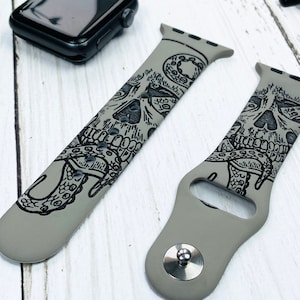 Skull Engraved Silicone Apple Watch Band 40mm 41mm 42mm 44mm 45mm 46mm 49mm, Samsung Handmade Halloween Gift Gothic iWatch band Men Women
