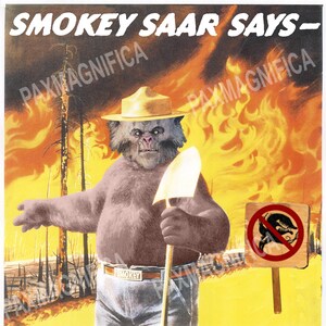 May include: A cartoon bear wearing a ranger hat and holding a shovel stands in front of a burning forest. The bear is saying "Smokey Saar Says" and a sign behind him says "Buy War Bonds".