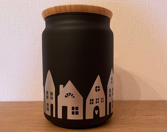 Häuser Panorama - Kleinigkeit - Glas mit Bambusdeckel - Geschenk - Keks Dose - Weihnachten - Aufbewahrung - Plätzchen Dose