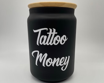 Tattoo Money - Sparglas - Glas mit Bambusdeckel - Geschenk - Geldgeschenk - Spardose - Geldglas