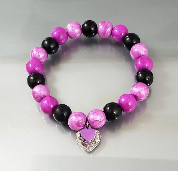 Purple and Black 10mm Bead Bracelet, Hand Formed Polymer Clay Beads,  Stretch Bracelet, Gift for Her, Dangle Heart Charm, Orchid Colors 