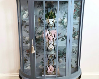 Vintage Art Deco Drinks Cabinet - Blue Bird Print, Restored Antique