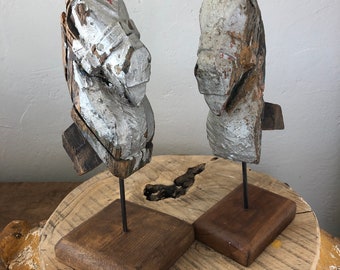 Vintage Hand-Carved Wooden Horse Pair: Architectural Salvage Primitive Decor for Entryway or Library