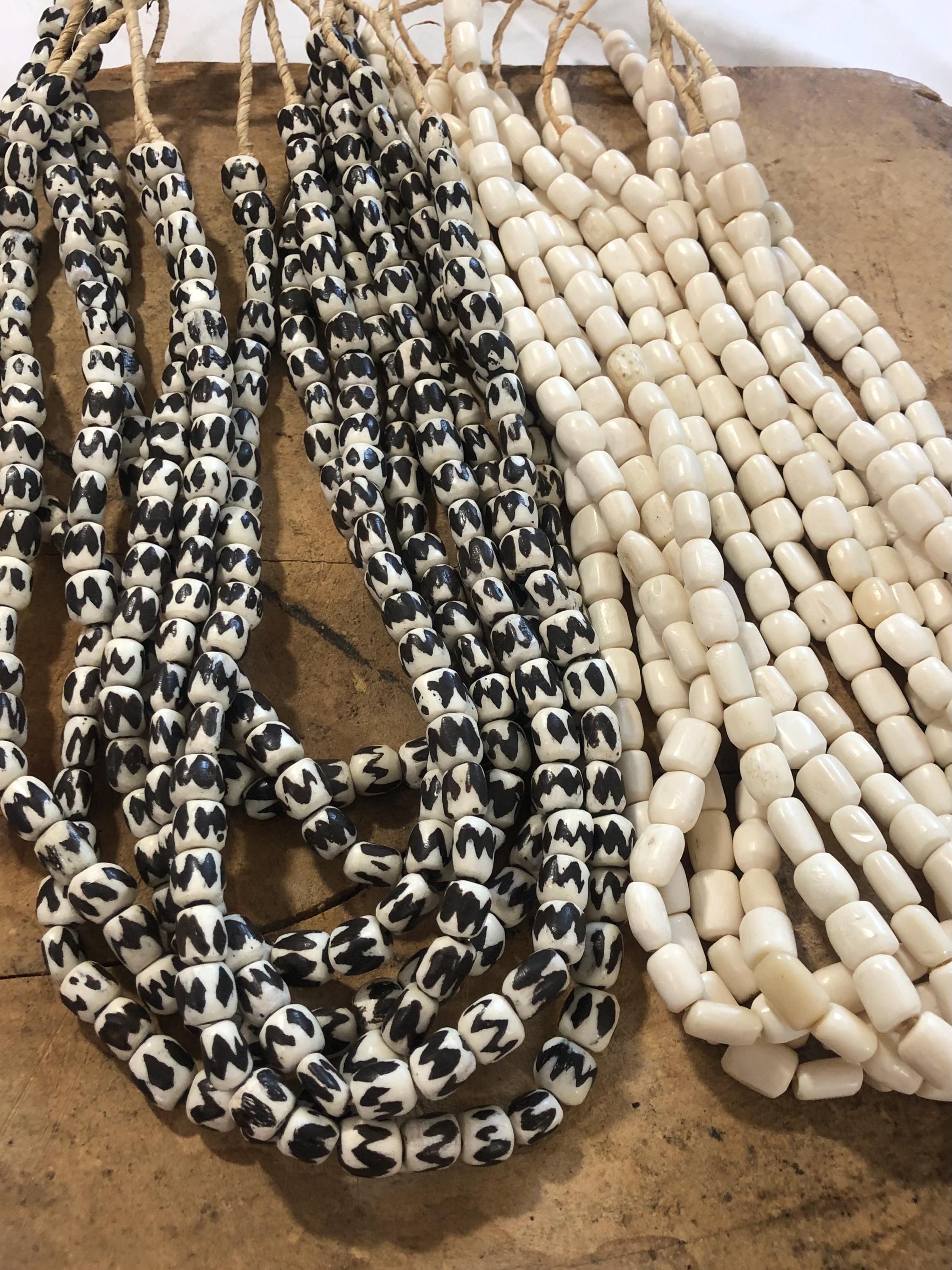 Unique African Bone & Batik Bead Strands: White and Black/White Tribal Necklace Set from Kenya