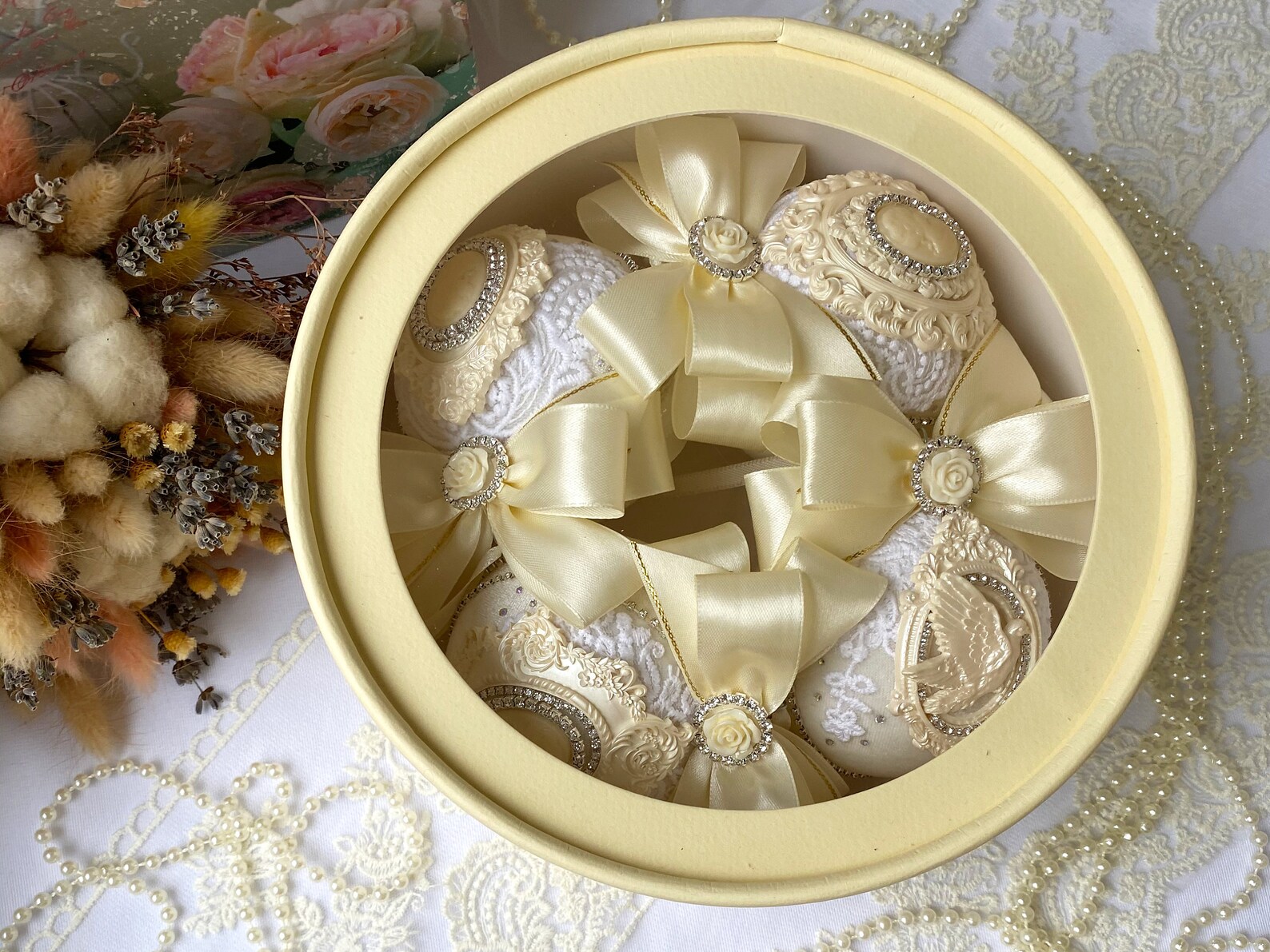 Ivory Christmas Ornament Xmas Decorations Set Handmade Balls Etsy