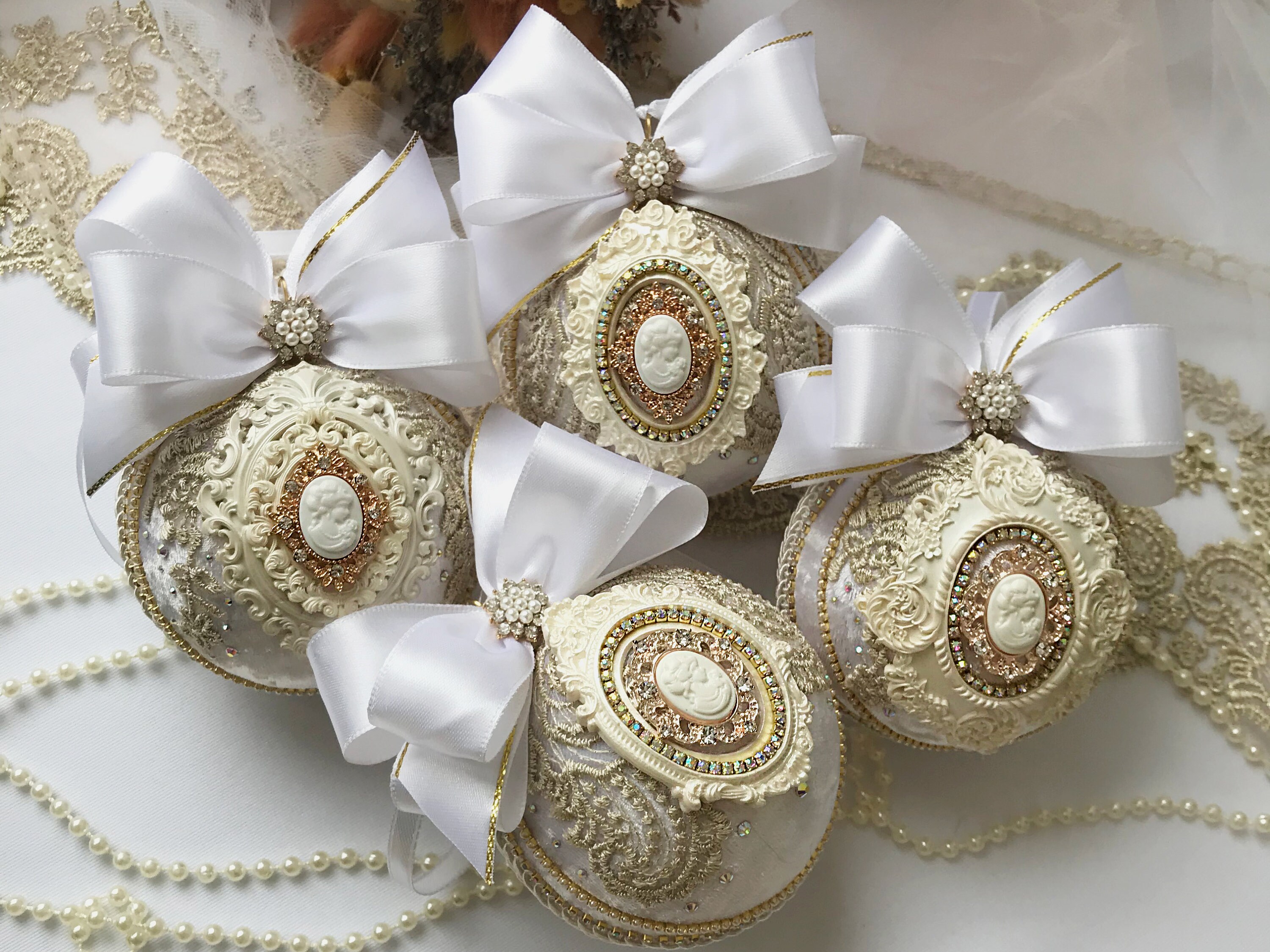 White Christmas ornament, Xmas decorations set, Handmade balls in a gift box, Christmas tree baubles