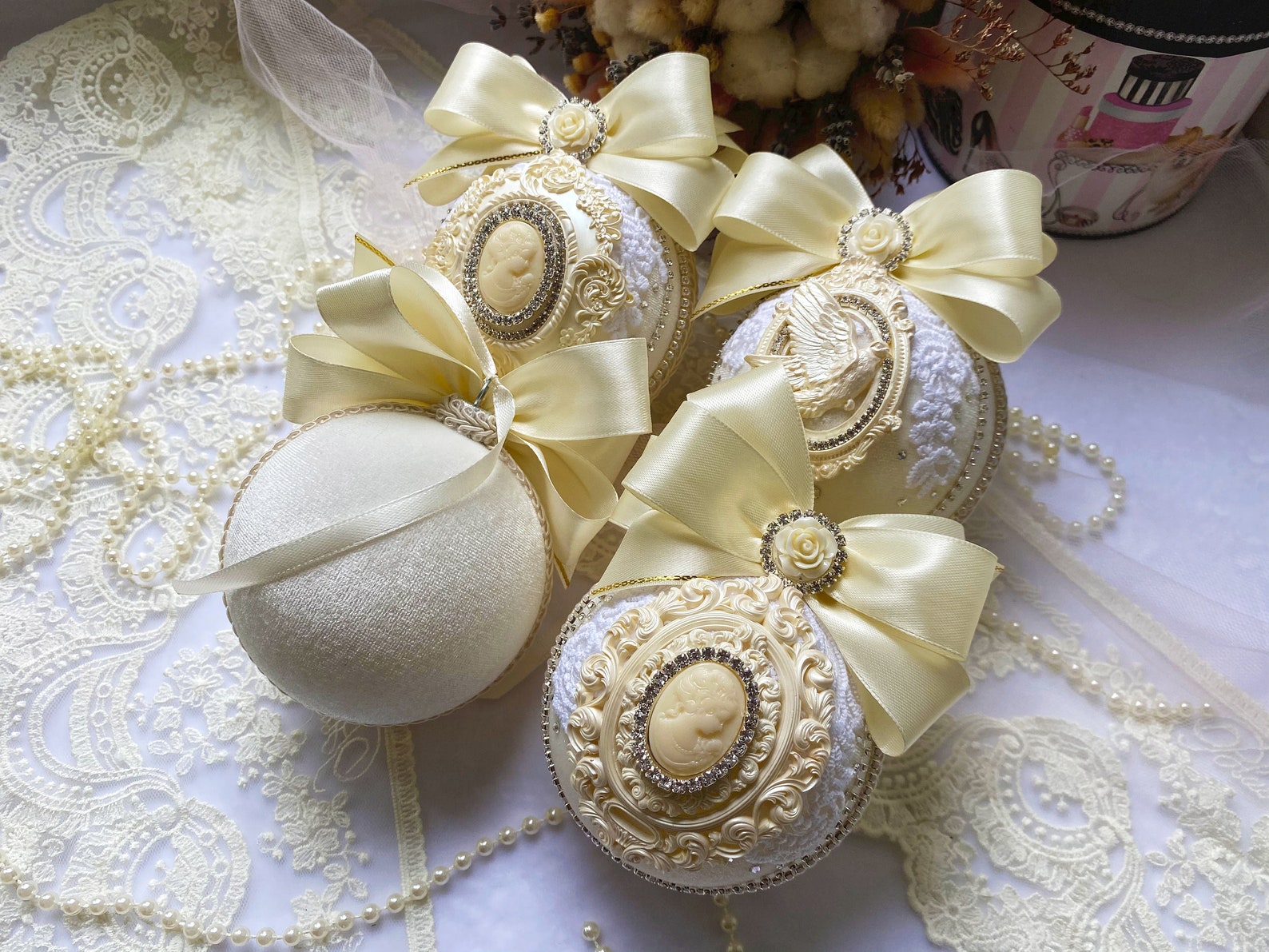 Ivory Christmas Ornament Xmas Decorations Set Handmade Balls Etsy