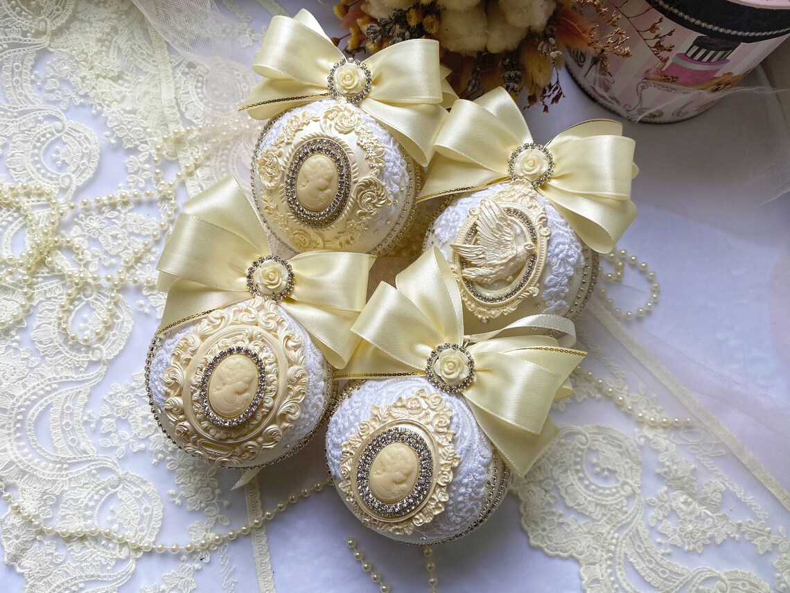 Ivory Christmas Ornament Xmas Decorations Set Handmade Balls Etsy